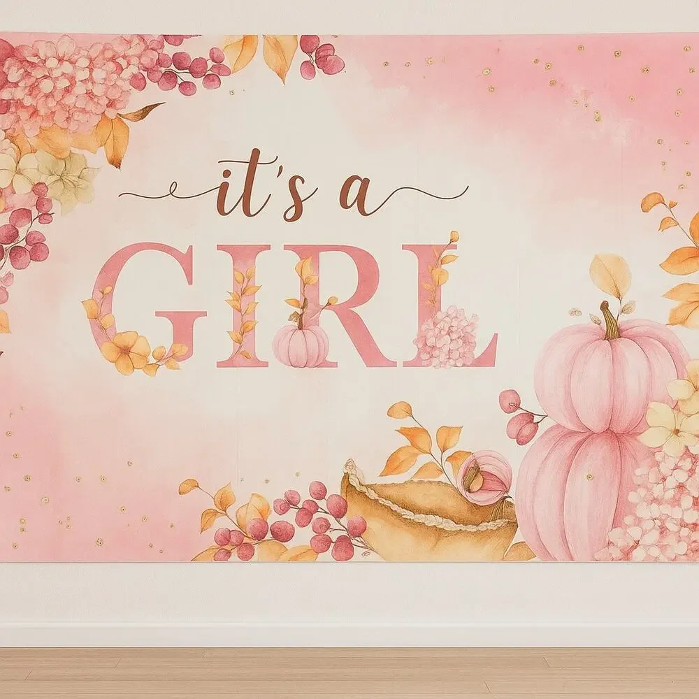 It’s a Girl Baby Shower Backdrop 7x5ft Fall Pumpkin Floral Polyester Decor